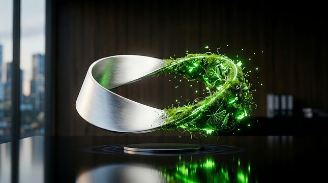 Metallic mobius strip transforming into green plant life representing corporate sustainability ESG strategy and environmental technology