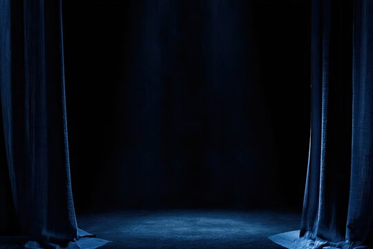 A dramatic stage with dark blue curtains open, revealing an empty, lit floor