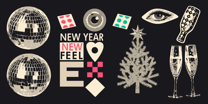 New year collage featuring disco balls dice an eye champagne flutes and a fir tree illustration