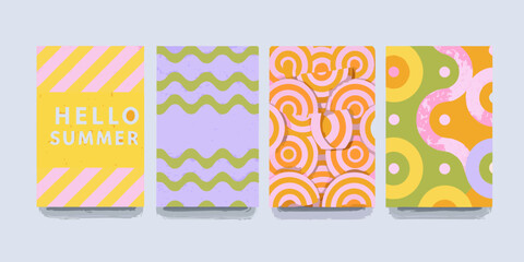 Obraz premium Retro style summer cards with diagonal stripes wavy lines swirls and polka dots pattern