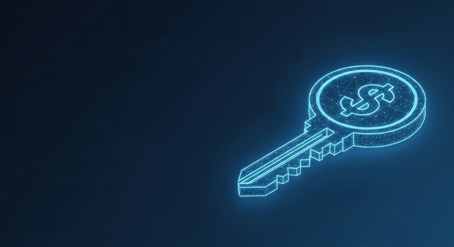 Digital security key concept with glowing neon lines on a dark background