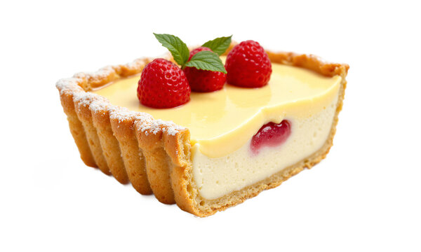 Raspberry cheesecake tart. Delicious slice of creamy fruit custard dessert with mint garnish isolated on a transparent background for food menus