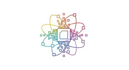 Fototapeta premium Processor Network Icon with Rainbow Circuit Lines for Branding