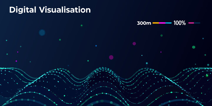 Particle based wave visualization with gradient coloring and depth cues on a dark background