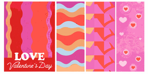 Obraz premium Set of five retro styled valentine s day posters featuring wavy lines and heart motifs