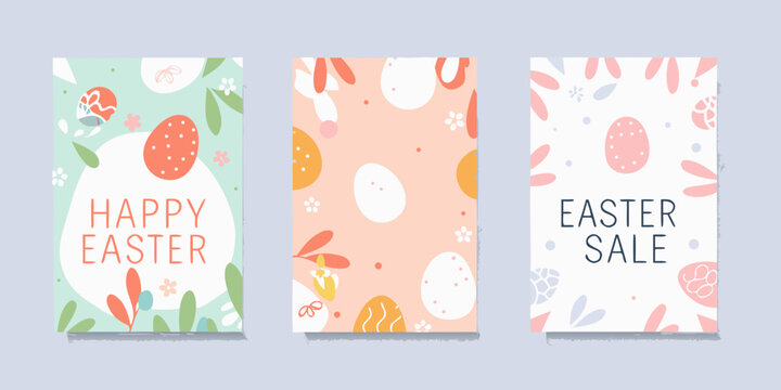 Easter egg and floral ornament vector illustrations pastel colors arranged as three vertical posters