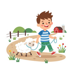 Fototapeta premium Boy walking with a cute sheep on a farm