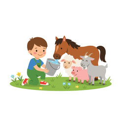 Fototapeta premium Boy feeding farm animals Cartoon Vector