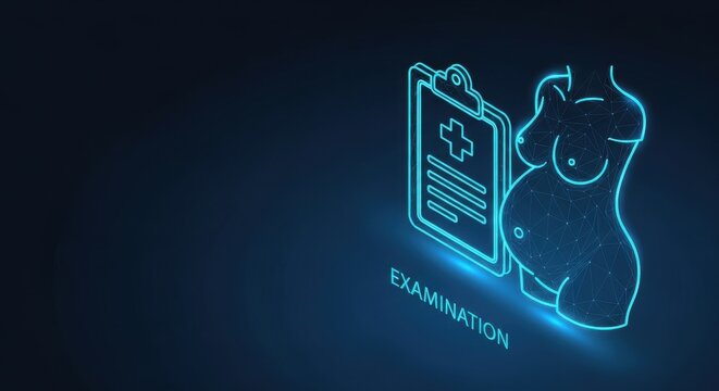 Pregnancy medical examination icon with glowing neon effect and examination text