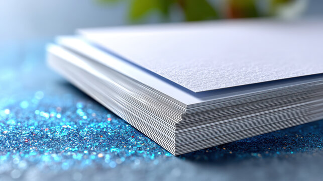Close-up layered paper edge texture background with blue glitter foreground for stationery and product design banners