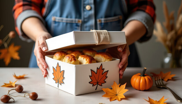 Autumn gift box of pastries with pumpkin and fall leaves for holiday packaging and seasonal product display design
