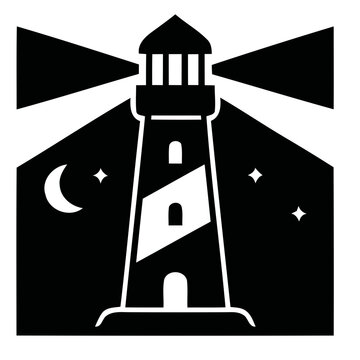 Lighthouse silhouette at night with crescent moon and stars, maritime beacon guiding light icon
