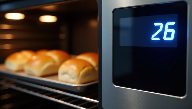 Fresh bread rolls baking in modern electric oven with digital timer display for cooking background and recipe banner