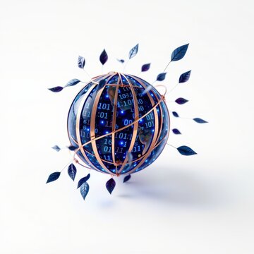 Globe covered in binary code, surrounded by leaves. Represents digital nature, technology, growth, connection. Bright blue hues dominate image.