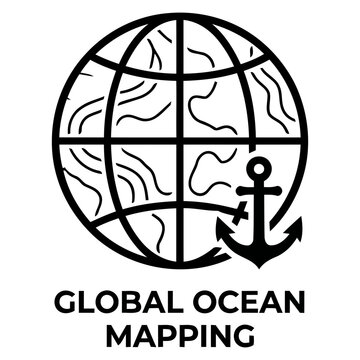 Minimalist logo for global ocean mapping featuring stylized globe lines and nautical anchor icon