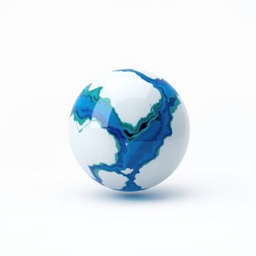 Blue sphere represents Earth. White continents contrast ocean depths. Minimalist style, clean background, simple presentation. Global concept.
