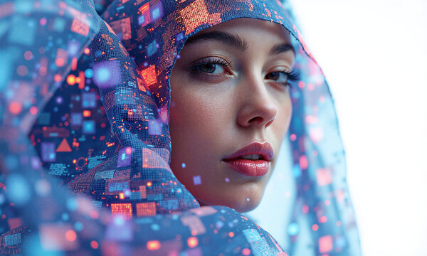 Digital fabric woman draped in glowing technology veil for a futuristic and ethereal concept