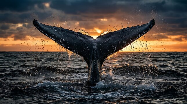 Majestic whale tail fluke splashing in the ocean at sunset