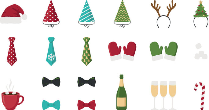 Christmas and New Year party photo booth props set with santa hat ties mittens and champagne