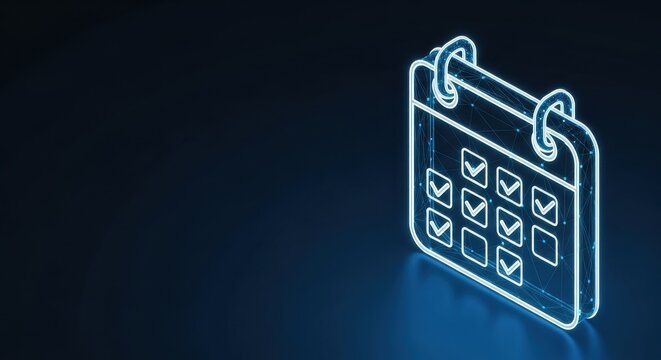 Digital calendar with glowing neon lines showing checked tasks, representing effective planning and time management.