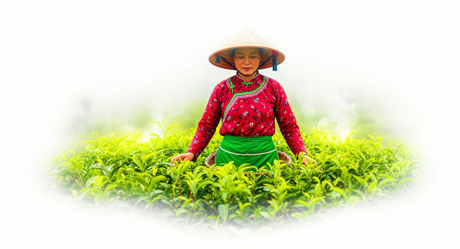 Asian woman harvesting green tea leaves on a plantation. Worker in traditional conical hat handpicking leaves in a lush field. Organic farming concept, ideal for tea marketing and travel brochures.