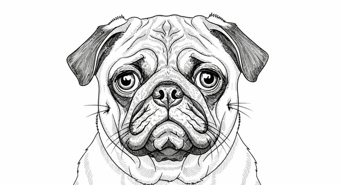 Pug dog face closeup, black and white illustration, pet portrait
