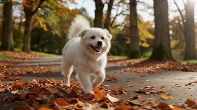 Happy white dog running through autumn park with fallen leaves