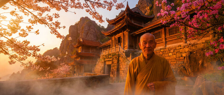 Senior Buddhist monk at an ancient mountain temple at sunset. Cherry blossoms frame the traditional architecture. Zen mindfulness concept, ideal for spiritual wellness marketing.