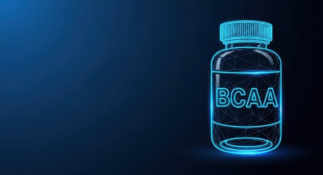 Wireframe bottle of BCA supplement, glowing neon outline on dark blue background, digital representation of fitness nutrition