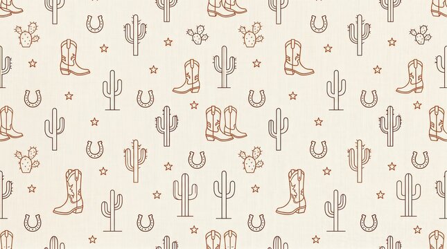 Seamless pattern: brown outline boots, cacti, horseshoes, stars on light background