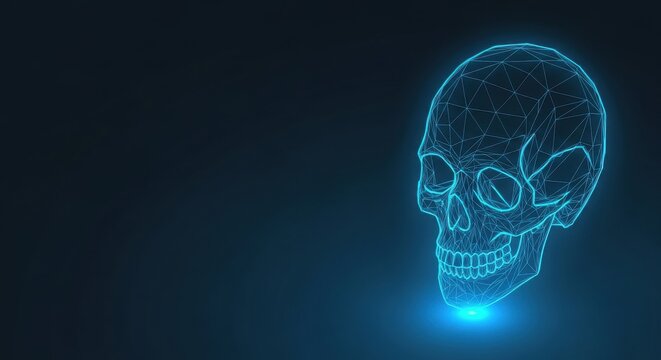 Glowing Blue Digital Wireframe Skull on Dark Abstract Background