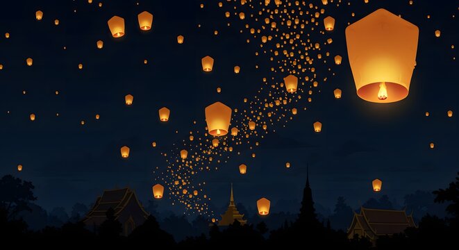 Sky Filled with Floating Lanterns at Night in Traditional Festival Scene