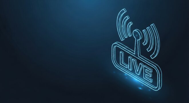 Glowing Live Broadcast Signal Icon with Wi-Fi Waves on a Dark Blue Digital Background