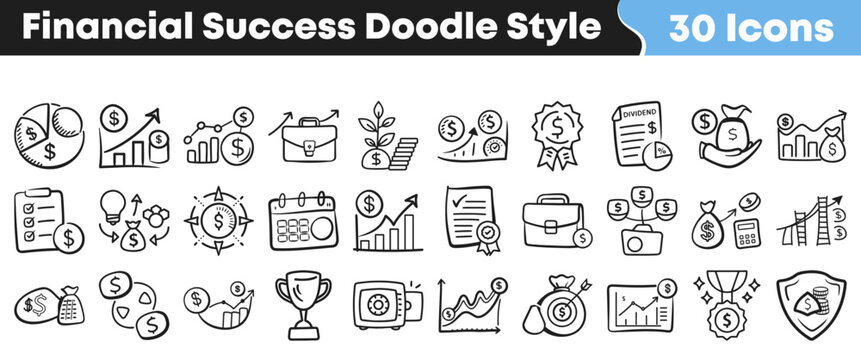Hand drawn financial success doodle icons collection for business growth reports