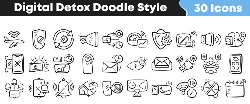 Hand drawn digital detox icons set featuring various technology disconnection symbols