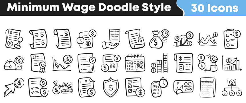 Set of thirty hand drawn minimum wage doodle style icons