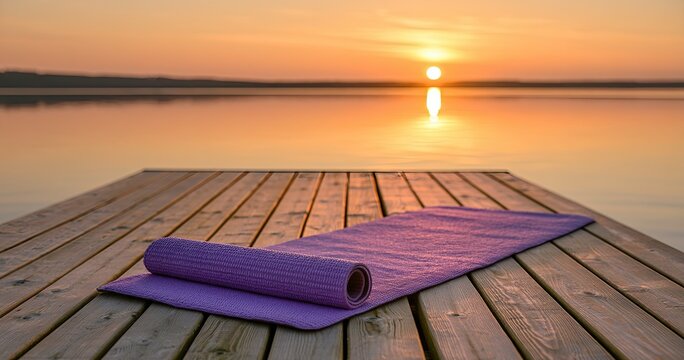 Serene yoga mat on wooden dock at sunrise over calm lake