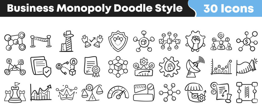 Set of thirty hand drawn business monopoly themed doodle icons