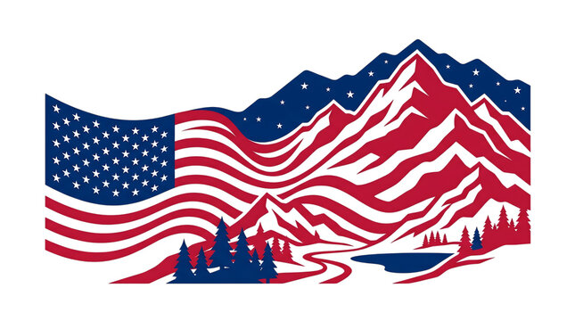 American flag design with mountains and trees isolated on transparent background