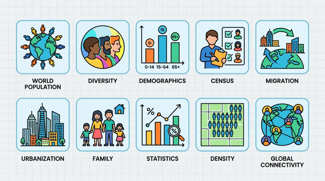 Infographic illustrations show global population diversity and urbanization statistics with demographics and migration data.