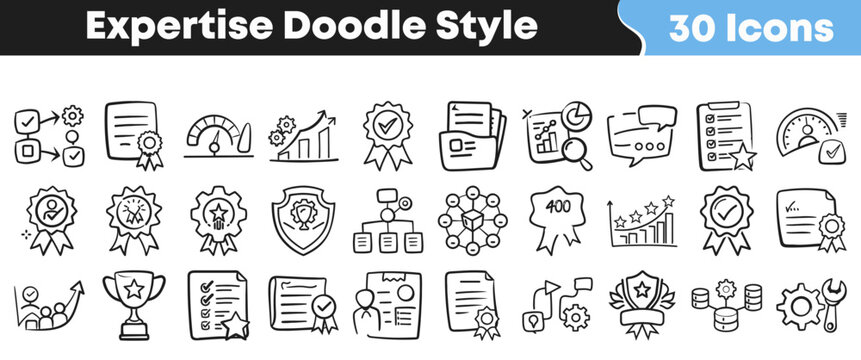 Set of thirty hand drawn expertise icons in doodle style