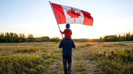 Naklejka premium Attractive old senior man and grahdson holding Canadian Flag. National holiday. Grandpa retiree. Retirement parent 