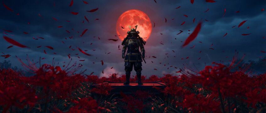 Samurai warrior in traditional armor standing in a field of red spider lilies. A glowing blood moon illuminates a dark stormy sky with falling petals. Epic fantasy art for cinematic storytelling.