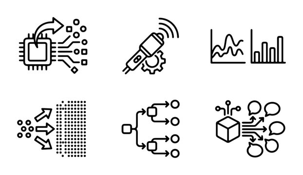 Data Processing Icons: AI Chip, Ultrasound, Analytics Charts, Data Flow, Decision Tree, AI Cloud Communication