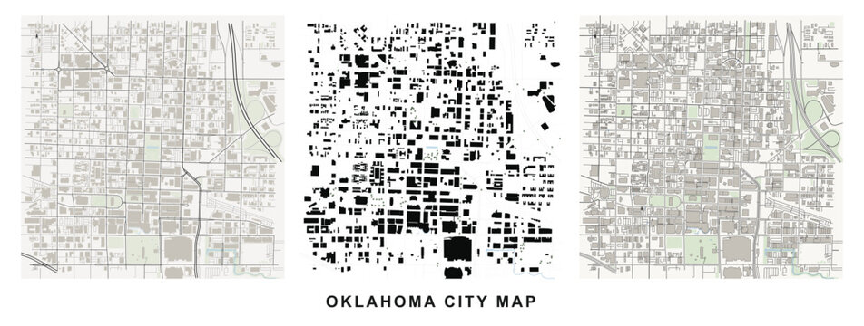 Oklahoma city map vector illustration showing street layout and building footprints in a minimalist design style