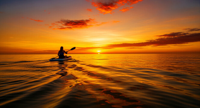 Woman paddling a kayak on the ocean at sunset. Golden orange sky reflects on calm waves as she explores the horizon. Adventure and serenity concept, ideal for travel and wellness campaigns.