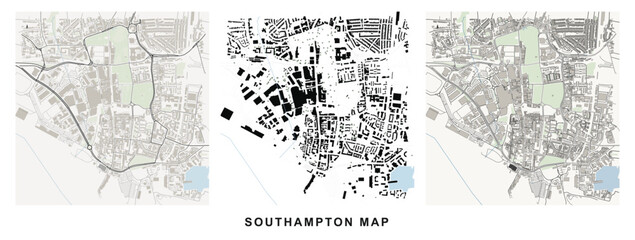 Fototapeta premium Figureground diagram of southampton city center showing urban fabric, street networks, and green spaces