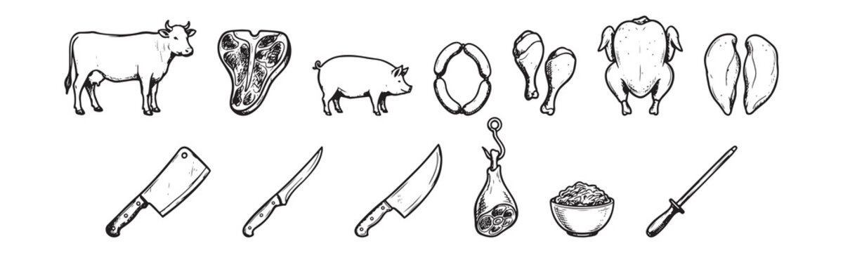 Butcher Shop Meat Cuts and Farm Animals Hand Drawn Engraved Vector Icon Set
