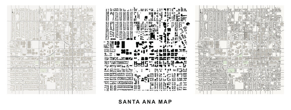 Figureground diagram of santa ana, california, showing urban density and street layout in a comparative architectural analysis format