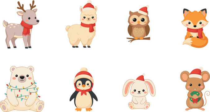 Cute Christmas Animals Wearing Santa Hats And Scarves Vector Illustration Collection Isolated